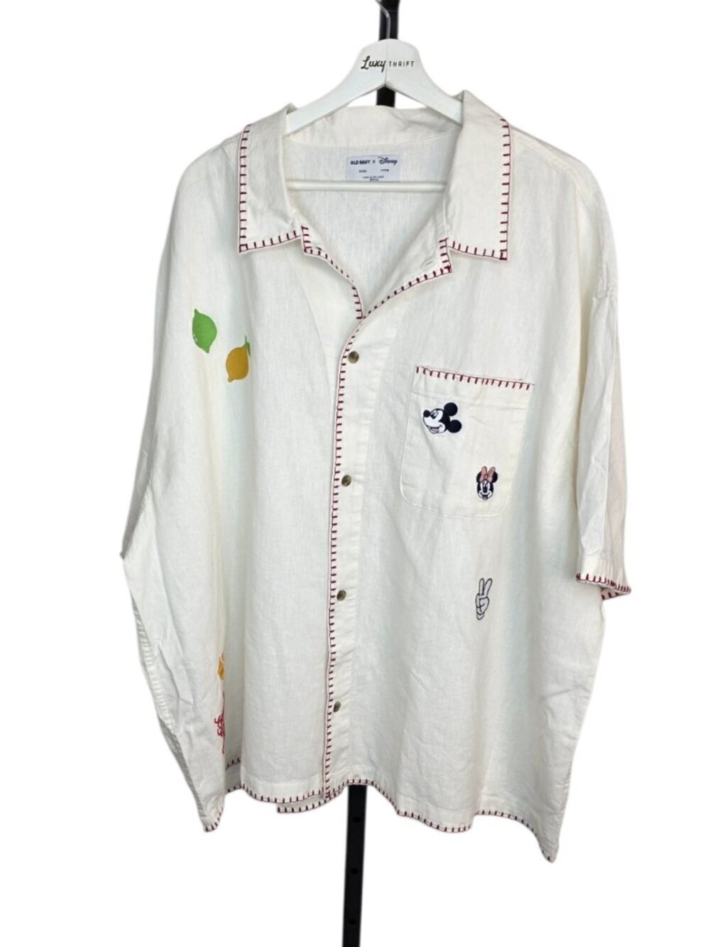 Old Navy X Disney Unisex Linen Blend Embroidered Button Up Shirt, Sz XXXL